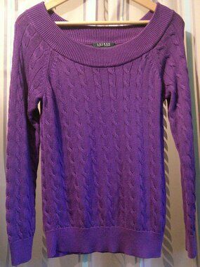 "Lauren Ralph Lauren" Boatneck Cable Knit SWEATER n Purple Gem Woman M